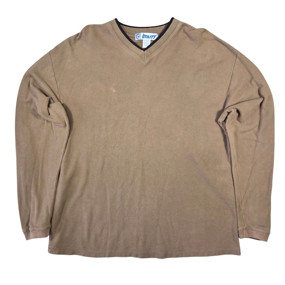 Y2k Utility Mens V-Neck Long Sleeve Knit Shirt Tan‎ L 2000s Skater Grunge Punk
